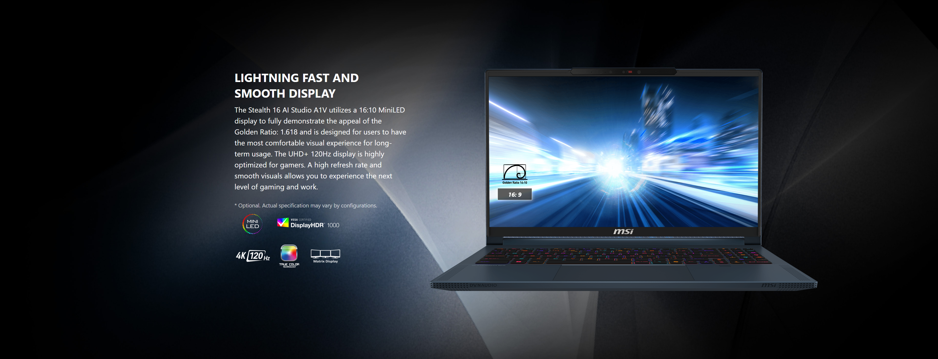 A large marketing image providing additional information about the product MSI Stealth 16 AI Studio (A1V) - 16" 120Hz, Core Ultra 9, RTX 4090, 32GB/2TB - Win 11 Gaming Notebook - Additional alt info not provided